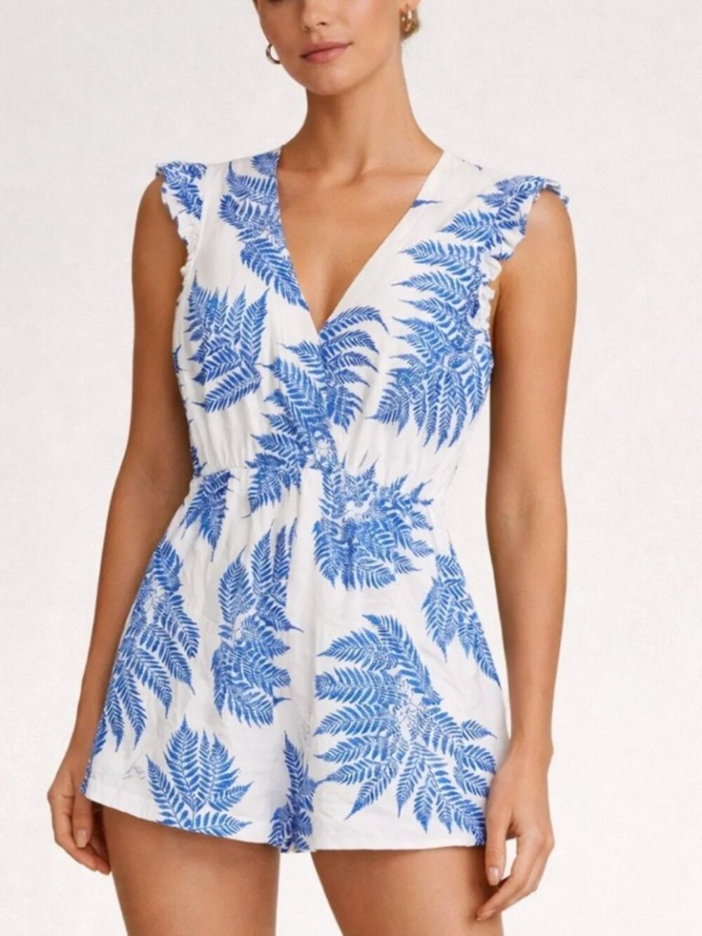 Sleeveless Romper White Blue Leaf Print